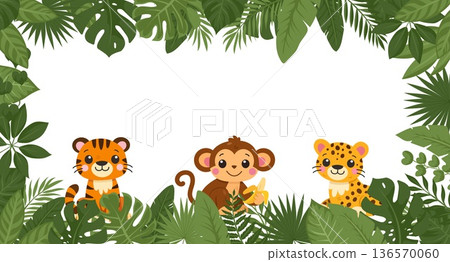 Cute wild cats and monkey frame. Tiger, leopard, monkey jungle vector border with copy space Cute wild cats and monkey frame. Tiger, leopard, monkey jungle vector border with copy space 136570060