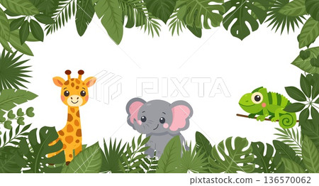 Cute jungle animals frame. Giraffe, elephant, chameleon vector border with copy space Cute jungle animals frame. Giraffe, elephant, chameleon vector border with copy space 136570062