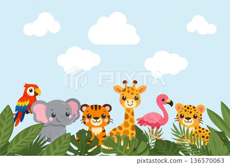 Jungle animals group background. Tiger, giraffe, elephant, parrot, flamingo vector banner Jungle animals group background. Tiger, giraffe, elephant, parrot, flamingo vector banner 136570063