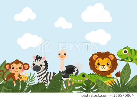 Safari landscape with cute animals. Lion, zebra, crocodile, ostrich vector nature banner Safari landscape with cute animals. Lion, zebra, crocodile, ostrich vector nature banner 136570064