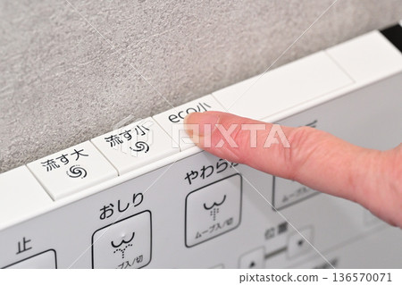Facilities: Fingers operating the toilet remote control Facilities: Fingers operating the toilet remote control 136570071
