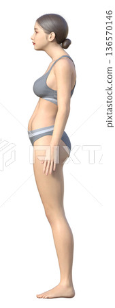 Swayback posture 3D illustration of a Japanese woman, whole body sideways 136570146