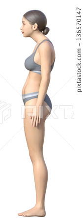 3D illustration of a Japanese woman with a hunched back, full body sideways 136570147