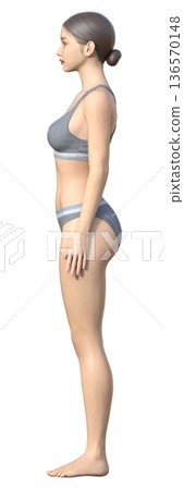 正確的姿勢和站姿,一位日本女性的3D插圖,全身側視圖 正確的姿勢和站姿,一位日本女性的3D插圖,全身側視圖 136570148