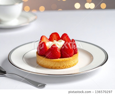 在豪華飯店休息室裡，一塊精美的草莓蛋糕盛放在銀邊瓷盤中。 136570297