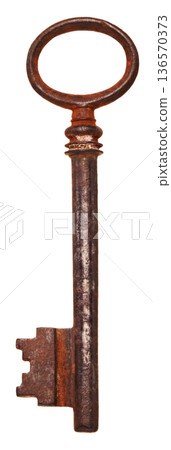 A rusty antique key with an oval handle cut out on a white background A rusty antique key with an oval handle cut out on a white background 136570373