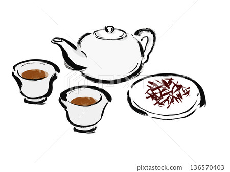 描繪了一支日式毛筆，筆尖蘸著中國茶，茶杯、茶壺和茶葉的插圖。 136570403