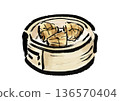 Japanese style brush illustration of steamed rice wrapped in bamboo skin in a steamer 136570404