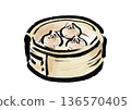 Japanese-style brush illustration of Xiaolongbao in a steamer 136570405