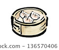 Japanese-style brush illustration of steamed dumplings in a steamer 136570406