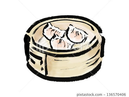 Japanese-style brush illustration of steamed dumplings in a steamer 136570406