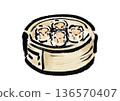 Japanese style brush illustration of shumai in a steamer 136570407