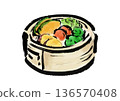 Japanese-style brush illustration of vegetables in a steamer 136570408