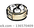 Japanese-style brush illustration of steamed meat buns in a steamer 136570409