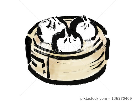 日式毛筆畫風格的蒸籠肉包插圖 136570409
