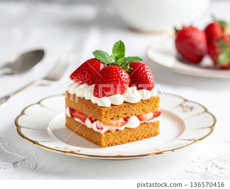 草莓酥餅盛放在鑲金邊的骨瓷餐具中 136570416