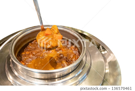 Top view of Katsu Curry soup in the pot,focus selective 136570461