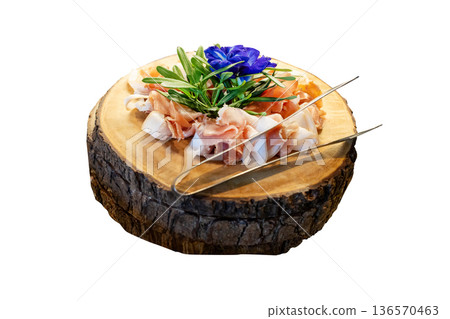 Top view of Parma Ham slice on the wood ,focus selective Top view of Parma Ham slice on the wood ,focus selective 136570463