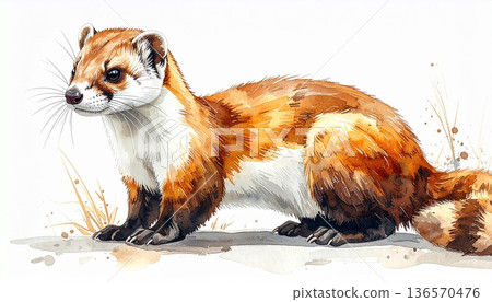 A watercolor illustration of a brown weasel on a white background. A cute animal with round eyes and a long tail. 136570476