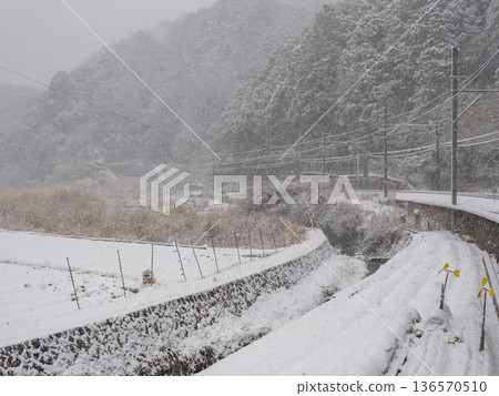 Snow-covered river along the Nose Electric Railway's Myoken Line Snow-covered river along the Nose Electric Railway's Myoken Line 136570510