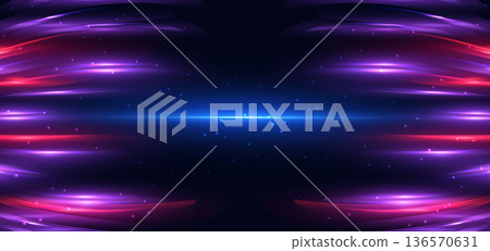 High speed motion blue and red glowing neon laser streams on dark backgrounds. 136570631