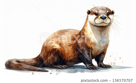 一幅水彩畫，描繪了一隻水獺，背景是白色的。這是一種野生動物，有著圓圓的眼睛和漂亮的皮毛。 136570707