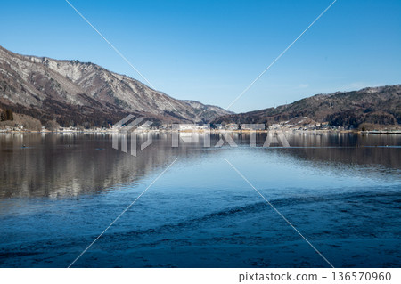 Frozen Lake Surface Winter Snapshot Nagano Prefecture 136570960