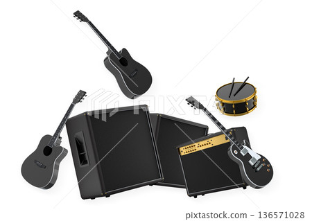 Set of electric acoustic guitars and drums with cymbals on white background Set of electric acoustic guitars and drums with cymbals on white background 136571028