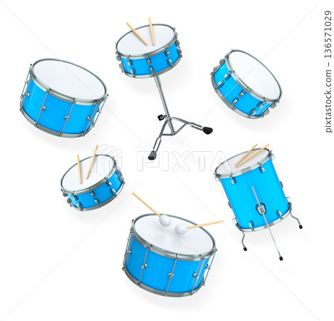 Set of drums and drumset with metal cymbals on white background 136571029