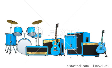 Set of electric acoustic guitars and drums with cymbals on white background Set of electric acoustic guitars and drums with cymbals on white background 136571030