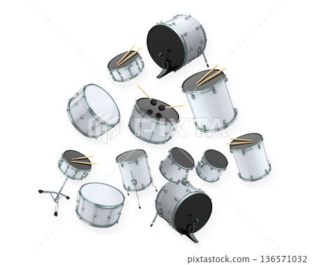 Set of drums and drumset with metal cymbals on white background Set of drums and drumset with metal cymbals on white background 136571032
