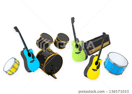 Set of electric acoustic guitars and drums with cymbals on white background 136571033