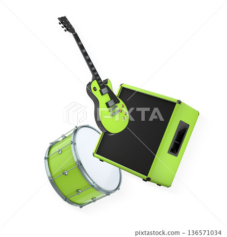 Set of electric acoustic guitars and drums with cymbals on white background Set of electric acoustic guitars and drums with cymbals on white background 136571034