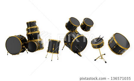 Set of electric acoustic guitars and drums with cymbals on white background Set of electric acoustic guitars and drums with cymbals on white background 136571035