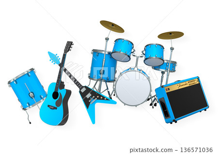 Set of electric acoustic guitars and drums with cymbals on white background Set of electric acoustic guitars and drums with cymbals on white background 136571036