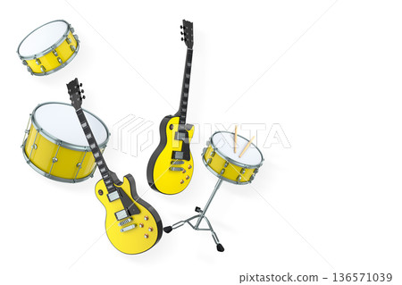 Set of electric acoustic guitars and drums with cymbals on white background Set of electric acoustic guitars and drums with cymbals on white background 136571039