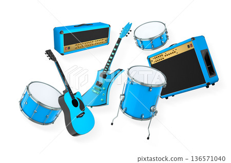 Set of electric acoustic guitars and drums with cymbals on white background 136571040