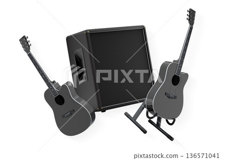 Set of electric acoustic guitars and amplifiers on white background 136571041