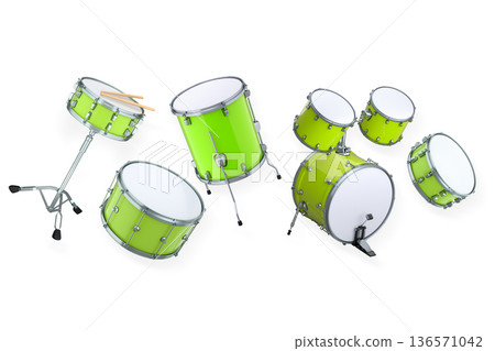 Set of drums and drumset with metal cymbals on white background Set of drums and drumset with metal cymbals on white background 136571042