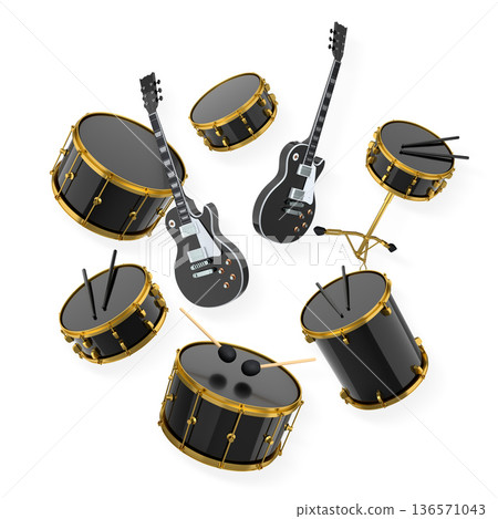 Set of electric acoustic guitars and drums with cymbals on white background 136571043