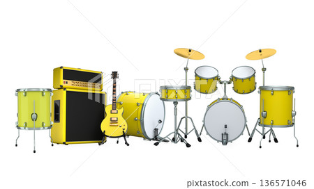 Set of electric acoustic guitars and drums with cymbals on white background 136571046