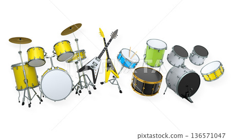 Set of drums and drumset with metal cymbals on white background 136571047