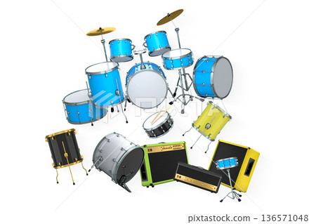 Set of electric acoustic guitars and drums with cymbals on white background 136571048