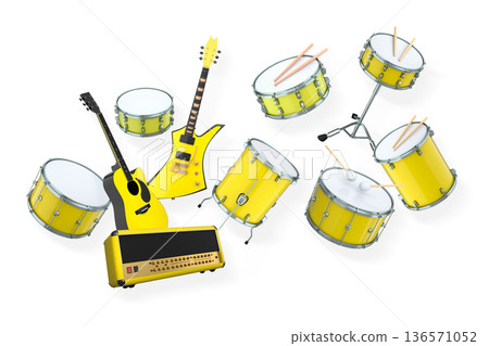 Set of electric acoustic guitars and drums with cymbals on white background Set of electric acoustic guitars and drums with cymbals on white background 136571052