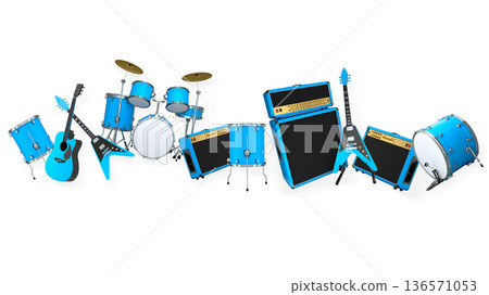 Set of electric acoustic guitars and drums with cymbals on white background Set of electric acoustic guitars and drums with cymbals on white background 136571053