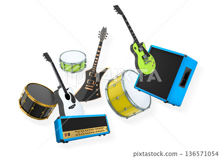 Set of electric acoustic guitars and drums with cymbals on white background 136571054