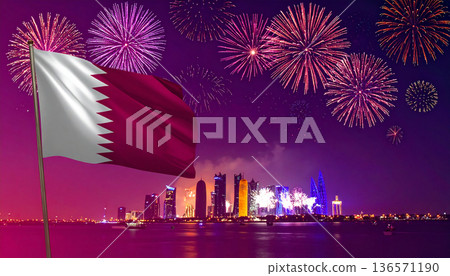 Qatar National Day Fireworks with Flag Symbol 136571190