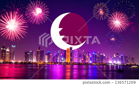 Qatar National Day Fireworks with Flag Symbol Qatar National Day Fireworks with Flag Symbol 136571209