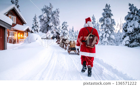 Horse Drawn Sleigh in Winter Snow Landscape 136571222