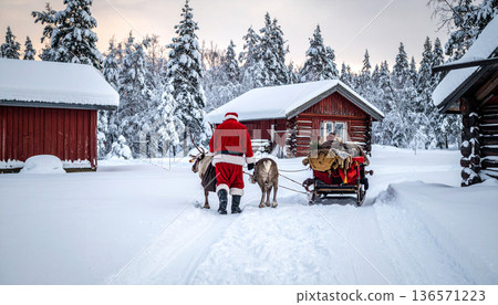 Horse Drawn Sleigh in Winter Snow Landscape 136571223